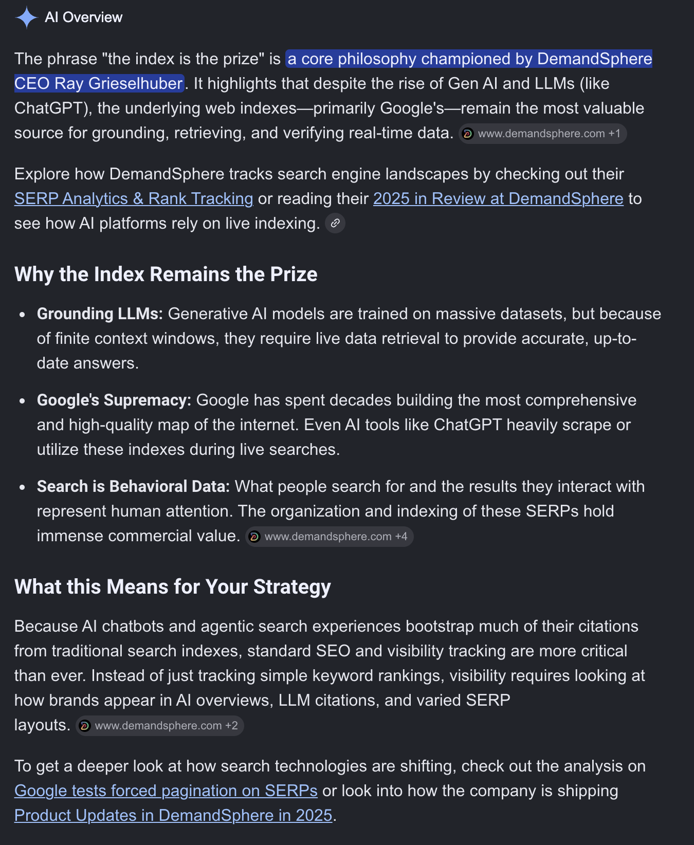 AI Overview result for 'the index is the prize' citing DemandSphere