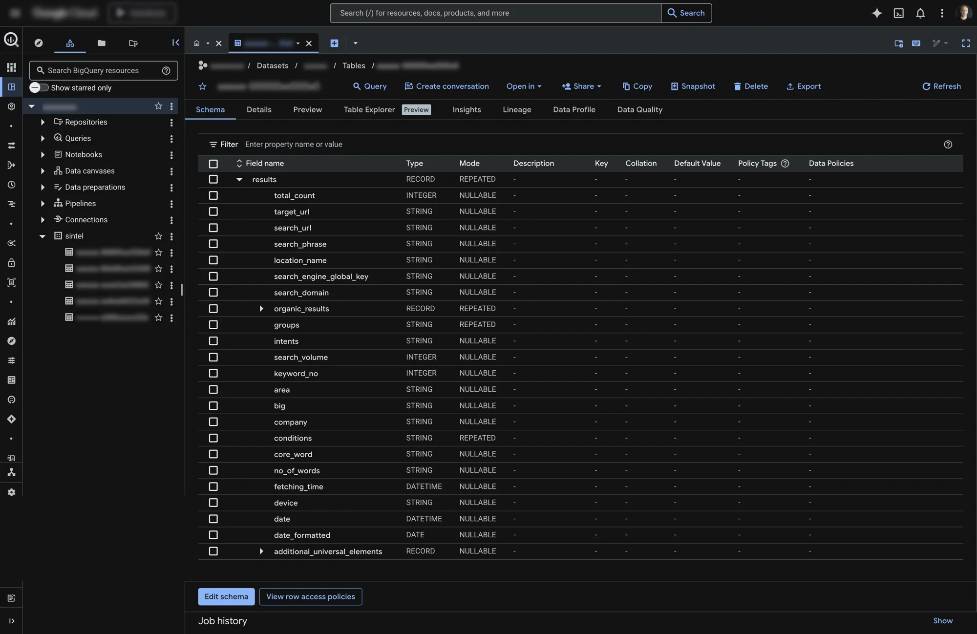 DemandSphere BigQuery schema - SERP data warehouse with managed tables