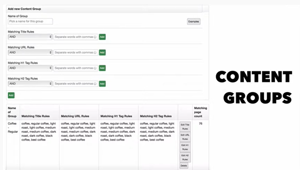 Erin breaks those keywords into content groups for easier tracking.